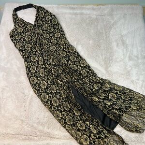 Joseph Ribkoff Couture Vintage Black Gold Lace Floral Halter Dress Slit Size 10